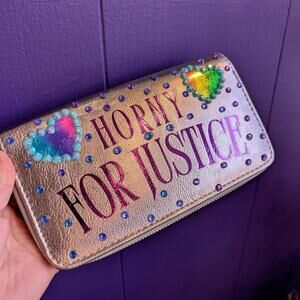 Horny for Justice Upcycled Silver Rhinestone Rainbow Statement Wallet Clutch